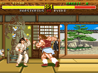 A screenshot of Fighter's History gameplay, with Marstorius chopping at a dizzy Ryoko.