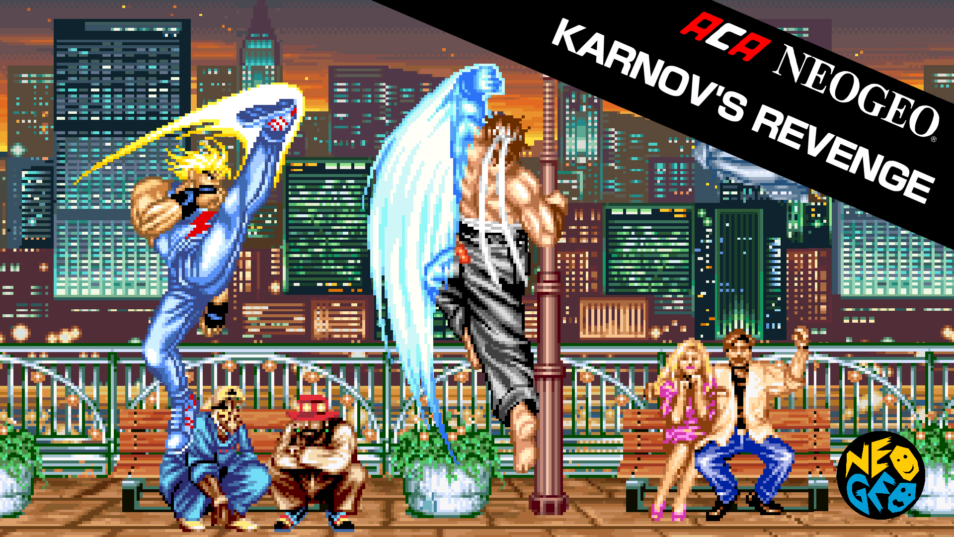 A banner for the ACA NeoGeo port of Karnov's Revenge, featuring Ray doing Wheel Kick while Mizoguchi does Tsuutensai.