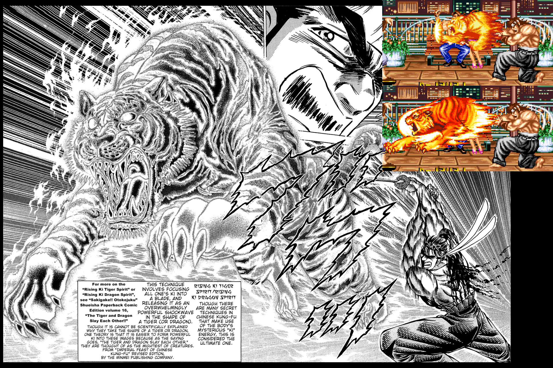 Mizouchi's Tiger Bazooka compared to Momotaro's Rising Ki Tiger Spirit in a panel from 'Sakigake!! Otokojuku'.